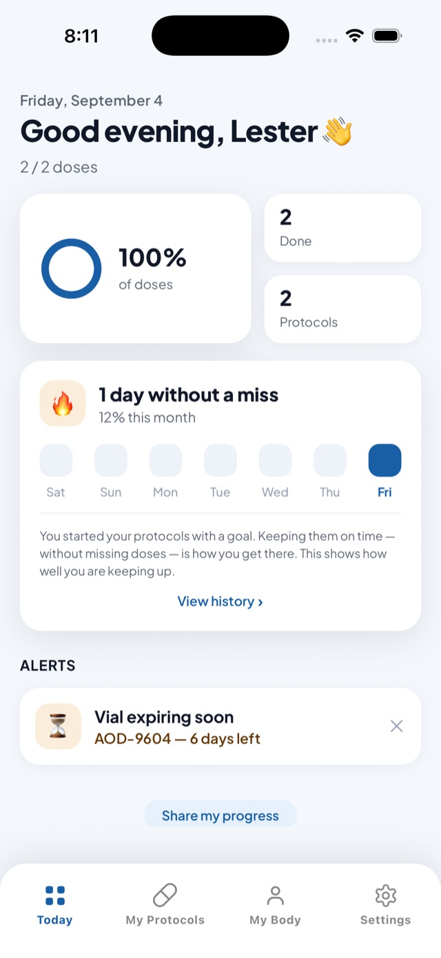 DoseTrace Today screen showing dose progress and reminders