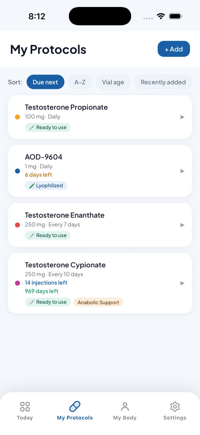 My Protocols list with vials and syringe calculator