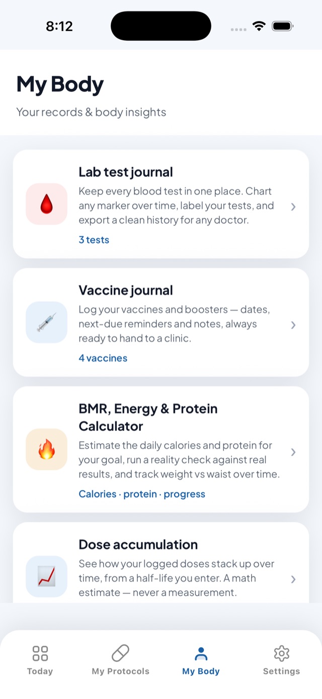 My Body hub with lab and vaccine journals