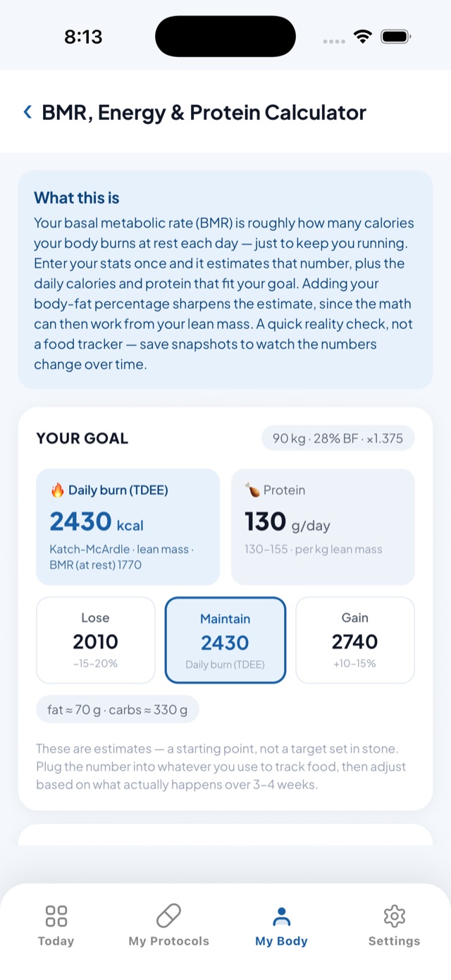 Energy and protein calculator with daily targets